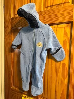 okie dokie Light Blue Hooded Fleece Size 0-3 months One-Piece with Puppy Patch